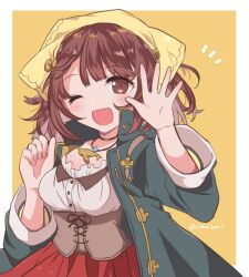  ;d atelier_(series) atelier_sophie blush border breasts brown_eyes brown_hair cleavage collared_coat corset female hands_up haruna_(citrus_love_i) head_scarf highres jewelry long_sleeves looking_at_viewer necklace notice_lines one_eye_closed open_hand open_mouth outside_border red_skirt shirt short_hair skirt smile solo sophie_neuenmuller white_border white_shirt yellow_background 