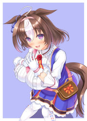  @_@ absurdres ahoge animal_ears bag between_breasts blush breasts brown_bag brown_hair buttons center_frills commentary_request cowboy_shot double-breasted dress female flying_sweatdrops frills hair_between_eyes highres horse_ears horse_girl horse_tail horseshoe large_breasts looking_at_viewer meisho_doto_(umamusume) multicolored_hair nose_blush open_mouth purple_dress purple_eyes purple_ribbon ribbon shrimp_3 simple_background smile solo strap_between_breasts streaked_hair tail umamusume white_hair 