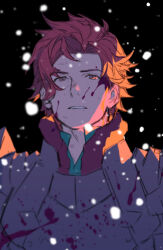  1boy armor black_background blood blood_on_armor blood_on_face blood_splatter fire_emblem fire_emblem:_three_houses fur-trimmed_armor fur_trim looking_at_viewer male_focus parted_lips red_fur red_hair snow solo straight-on sylvain_jose_gautier upper_body yarr yellow_eyes 