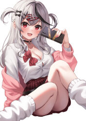  :d absurdres black_choker black_hair blush bow bowtie breasts button_gap cellphone choker cleavage collared_shirt commentary_request crossed_bangs dress_shirt female grey_hair hair_ornament hairclip highres holding holding_phone hololive long_sleeves looking_at_viewer loose_bowtie medium_breasts miniskirt multicolored_hair nikahoshikuzu oerba_yun_fang official_alternate_costume open_clothes open_mouth phone pink_nails plaid_clothes plaid_skirt pleated_skirt red_bow red_bowtie red_eyes red_skirt sakamata_chloe sakamata_chloe_(school_uniform) school_uniform shirt simple_background sitting skirt smartphone smile socks solo spiked_ear_piercing streaked_hair two_side_up virtual_youtuber white_background white_shirt white_socks wing_collar 