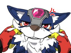  angry annoyed anthro bandai_namco blue_body blue_fur cross-popping_vein digimon digua92537359 duo fangs forehead_gem fur gem human loogamon male mammal red_eyes teeth 