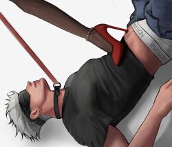  1boy anklet black_shirt blindfold closed_mouth collar gojou_satoru high_heels highres jewelry jujutsu_kaisen leash male_focus nek0zuu shirt short_hair simple_background stepped_on underwear white_background white_hair 