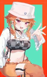  alternate_costume border braid bucket_hat earbuds earphones earrings feather_earrings feathers female hat highres hololive hololive_english jewelry kotori_(takanashi_kiara) looking_at_viewer midriff navel official_alternate_costume open_mouth orange_hair red_border simple_background smile solo strapless suspenders takanashi_kiara tube_top twin_braids virtual_youtuber yufu 