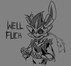  2022 4_fingers animatronic black_text cinderace dialogue digital_media_(artwork) english_text fingers five_nights_at_freddy&#039;s five_nights_at_freddy&#039;s_3 generation_8_pokemon intersex lagomorph latiar leporid looking_at_hand machine male mammal monochrome nintendo open_mouth pokemon pokemon_(species) profanity rabbit robot scottgames solo springtrap_(fnaf) talking_to_self teeth text wire 