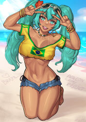  :d absurdres anklet aqua_eyes aqua_hair beach bead_choker blue_sky bracelet brazilian_flag_print brazilian_miku breasts cloud dark-skinned_female dark_skin day denim denim_shorts earrings eyewear_on_head female flower hair_flower hair_ornament hatsune_miku highres jewelry kneeling large_breasts micro_shorts multiple_bracelets navel ocean open_mouth outdoors redjet sand shorts sky smile solo sunglasses tan tanlines vocaloid water 