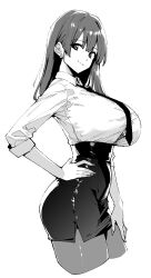  black_necktie black_skirt bra breasts button_gap cleavage closed_mouth collared_shirt cowboy_shot dress_shirt female greyscale hair_behind_ear hand_on_own_hip high-waist_skirt highres huge_breasts long_hair miniskirt monochrome necktie original pantyhose shirt shirt_tucked_in skirt sleeves_rolled_up smile solo tomohiro_kai underwear white_background white_shirt 