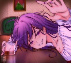  2024 ahoge alcohol artist_name blush breasts chair collarbone commentary cup enaria_liliales enaria_liliales_(artist) english_commentary female grin holding holding_cup messy_hair mole mole_under_eye nexas_(vtuber) picture_frame purple_eyes purple_hair purple_nails self-portrait smile solo table teeth vignetting virtual_youtuber 