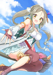  :d armlet atelier_(series) atelier_lydie_&amp;_suelle blue_skirt blue_sky blush breasts broom broom_riding brown_gloves brown_hair cloud crossed_ankles day detached_sleeves feet_out_of_frame female fingerless_gloves firis_mistlud gloves green_eyes highres jacket jewelry long_hair looking_at_viewer medium_breasts minidraco open_mouth outdoors parted_bangs pleated_skirt reaching reaching_towards_viewer shirt sitting skirt sky smile solo white_jacket white_shirt wind 