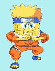  blonde_hair blue_background cosplay hair hi_res male marine naruto nickelodeon ninjutsu sea_sponge simple_background smile solo spongebob_squarepants spongebob_squarepants_(character) uzumaki_naruto 