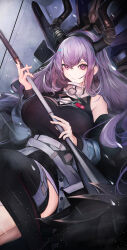  absurdres against_wall arknights arrow_(projectile) bare_shoulders belt black_dress black_thighhighs breasts cleavage_cutout clothing_cutout commentary detached_sleeves dress feet_out_of_frame female glaring highres holding holding_arrow honey horns huge_breasts light_particles long_hair looking_at_viewer multiple_belts o-ring purple_eyes purple_hair single_thighhigh solo talz thighhighs typhon_(arknights) 