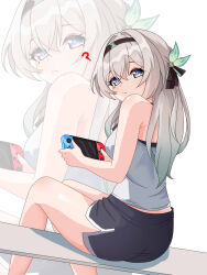  ? ass bare_arms bare_shoulders black_hairband black_ribbon black_shorts breasts commentary female firefly_(honkai:_star_rail) hair_ribbon hairband handheld_game_console highres holding holding_handheld_game_console honkai:_star_rail honkai_(series) long_hair looking_at_viewer maxwelzy medium_breasts midriff_peek nintendo_switch ribbon shorts simple_background sitting thighs white_background zoom_layer 