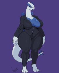  absurd_res anthro big_breasts blue_body bottomwear breasts business_suit cleavage clothed clothing curvy_figure emmet_twunks eyewear female fully_clothed generation_2_pokemon glasses hi_res huge_breasts legendary_pokemon long_neck looking_at_viewer lugia mature_female nintendo pants pokemon pokemon_(species) rectangular_glasses simple_background solo suit tail thick_thighs tight_bottomwear tight_clothing tight_pants white_body wide_hips 