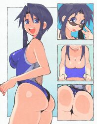  :d ass azumanga_daiou blue_eyes blue_hair breasts cleavage competition_swimsuit female gradient_background highres inkerton-kun kurosawa_minamo medium_breasts one-piece_swimsuit short_hair sidelocks simple_background smile sunglasses swimsuit white_background 