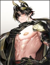  1boy abs arknights armor bandaid bandaids_on_nipples black_hair chong_yue_(arknights) closed_mouth commentary dragon_boy dragon_horns earrings highres horns jewelry male_focus multicolored_hair pasties pointy_ears red_eyes shoulder_armor streaked_hair symbol-only_commentary tzar_game 