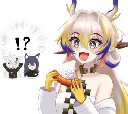  !? +_+ 3girls :o animal_ears arknights arms_up bare_shoulders black_capelet black_jacket blonde_hair blush capelet colored_extremities commentary constricted_pupils dragon_girl dragon_horns earrings emphasis_lines english_commentary excited eyes_visible_through_hair food grey_eyes grey_hair hair_between_eyes hair_intakes hair_ornament hairclip hands_on_own_head holding holding_food holding_pizza horns jacket jewelry lappland_(arknights) lcxyzzz long_hair long_sleeves looking_at_food meme multicolored_hair multiple_girls necklace off_shoulder open_mouth orange_eyes pizza pizza_slice pointy_ears purple_hair rice scar scar_across_eye shocked_black_guy_(meme) shu_(arknights) simple_background smile strapless surprised texas_(arknights) tube_top white_background white_hair white_jacket white_tube_top wolf_ears wolf_girl 