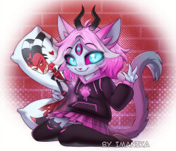  2024 3_eyes 4_fingers anthro blitzo_(helluva_boss) body_pillow bottomwear clothing dakimakura dakimakura_pillow demon emberlynn_pinkle felid feline female fingers fur gesture hair hand_gesture helluva_boss hoodie horn humanoid_hands imanika imp kneeling leggings legwear mammal multi_eye pillow pink_body pink_fur pink_hair pink_nose pink_sclera skirt solo topwear v_sign white_eyes 