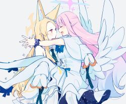  2girls angel_wings animal_ear_fluff animal_ears bare_shoulders blonde_hair blue_archive capelet closed_eyes closed_mouth detached_sleeves dress extra_ears feathered_wings fox_ears halo long_hair mika_(blue_archive) multiple_girls open_mouth pantyhose pink_hair pink_halo seia_(blue_archive) sleeves_past_fingers sleeves_past_wrists smile striped_clothes striped_pantyhose vertical-striped_clothes vertical-striped_pantyhose white_capelet white_dress white_pantyhose white_sleeves white_wings wings yellow_eyes yellow_halo yun_(dust-i1) 