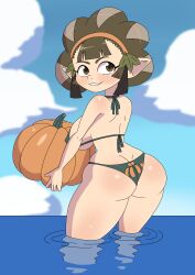  1girls ass ass_focus big_ass big_breasts bikini brown_eyes brown_hair female female_only from_behind headband holding_object kina_(skyward_sword) looking_back nintendo nojimmyplz pointy_ears pumpkin shiny_skin sideboob skyward_sword smile text text_bubble the_legend_of_zelda water 