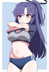  black_halo black_shirt blue_archive blue_background blue_buruma border breasts buruma closed_mouth clothes_lift commentary_request cowboy_shot female grey_sports_bra gym_uniform halo highres io9 large_breasts lifting_own_clothes long_hair navel purple_eyes purple_hair shirt shirt_lift short_sleeves solo sports_bra star_sticker sticker_on_face stomach undressing white_border yuuka_(blue_archive) yuuka_(track)_(blue_archive) 