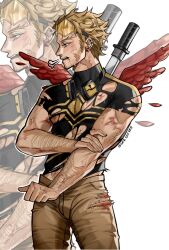  1boy blonde_hair boku_no_hero_academia facial_hair feathers hawks_(boku_no_hero_academia) highres male_focus mature_male muscular muscular_male red_feathers red_wings scar scar_on_face shesofyee short_hair sideburns stubble torn_clothes wings 