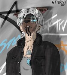  absurd_res accessory anthro band-aid bandage clothing dog_tags domestic_cat electronics eyewear felid feline felis fluffy glasses graffiti graffiti_on_wall headband headphones hi_res male mammal piercing shirt siamese solo st4rvy_(artist) tattoo topwear 