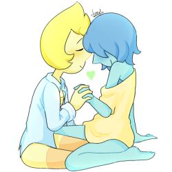  1girls 2girls blonde_hair blonde_hair_female blue_hair blue_pearl_(steven_universe) blue_shirt blue_skin closed_eyes clothed clothing color couple cute digital_drawing_(artwork) digital_media_(artwork) eyes_covered female female/female female_only gem_(species) girls hair_over_eyes holding_hands legs_together legwear love lovers loving_gaze not_ai_generated oversized_clothes romantic_couple safe safe_for_work shaded short_hair sitting sitting_on_floor smiling smiling_at_partner steven_universe suggestive touching yellow_pearl_(steven_universe) yellow_skin yellow_sweater yuri 