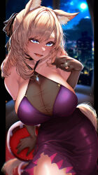  absurdres animal_ears arknights bare_shoulders blonde_hair blue_eyes blush breasts cleavage collarbone dress elbow_gloves female gloves highres indoor_gorilla jewelry large_breasts open_mouth ring smile solo tail wedding_ring whislash_(arknights) 