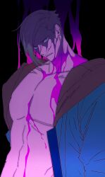  1boy abs asymmetrical_hair black_background blonde_hair blood blood_on_body blood_on_face blue_eyes blue_hoodie chaaaaahann ed_(street_fighter) groin highres hood hood_down hoodie looking_at_viewer male_focus multicolored_clothes multicolored_hoodie pectorals pink_blood red_hood simple_background solo street_fighter street_fighter_6 upper_body 