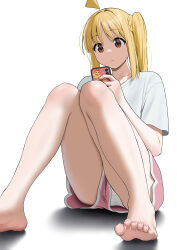  :/ absurdres ahoge alternate_costume barefoot blonde_hair bocchi_the_rock! cellphone closed_mouth commentary_request detached_ahoge feet female highres holding holding_phone ijichi_nijika knees_together_feet_apart knees_up long_hair looking_at_phone magurotatakighn panties pantyshot phone pink_shorts shirt short_shorts short_sleeves shorts side_ponytail sidelocks simple_background sitting smartphone soles solo t-shirt toes underwear white_background white_panties 