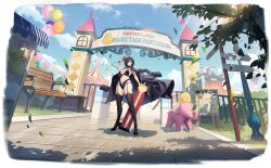  absurdres amusement_park ark_royal_(azur_lane) artist_request azur_lane balloon bare_shoulders bench bikini bird black_bikini black_coat black_footwear black_garter_straps black_hair black_jacket black_thighhighs blue_sky breasts building chick cleavage cloud coat coat_on_shoulders collarbone day english_text eyewear_on_head falling_leaves female flag full_body garter_belt garter_straps grass groin hair_between_eyes hair_ornament height_chart height_mark high_heels highleg highres holding holding_ruler holding_scanner jacket lamppost large_breasts leaf long_hair manjuu_(azur_lane) mkiiiiii navel non-web_source o-ring official_alternate_costume official_art open_clothes open_coat outdoors park_bench shadow shoes sidelocks sign skindentation sky sleeveless smile standing stomach sunglasses swimsuit thighhighs thighs tree wind 