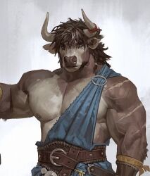  1boy animal_ears armband bara belt brown_belt brown_fur brown_hair bull closed_mouth collarbone cow_boy cow_ears cow_horns furry furry_male horns large_pectorals looking_at_viewer male_focus medium_hair muscular muscular_male nipples orange_armband original pectorals solo taran_fiddler upper_body 