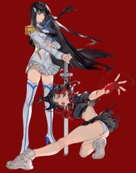  2girls absurdres black_hair black_serafuku black_skirt blue_eyes blue_neckerchief blunt_ends boots crop_top epaulettes fingerless_gloves floating_hair full_body gloves hand_on_hilt highres jacket kelezi kill_la_kill kiryuuin_satsuki long_hair looking_at_viewer matoi_ryuuko multicolored_hair multiple_girls neckerchief open_mouth outstretched_arm panties red_background red_gloves red_neckerchief school_uniform senketsu serafuku shoes short_hair siblings simple_background sisters skirt sneakers standing straight_hair striped_clothes striped_panties sword thigh_boots two-tone_hair underwear weapon white_footwear white_jacket 