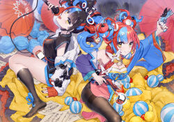  2girls :d absurdres arm_up back-to-back ball bare_shoulders black_collar black_hair black_nails black_pantyhose black_sailor_collar black_shirt black_socks blue_hair breasts bubble_gun bug butterfly cleavage closed_mouth collar detached_sleeves dual_persona fate/grand_order fate_(series) foot_out_of_frame full_body gun hair_ornament hairclip heart heart_hair_ornament highres holding holding_gun holding_microphone holding_weapon jacket kneehighs layered_sleeves long_hair long_sleeves looking_at_viewer looking_up micaoz microphone multicolored_hair multiple_girls neckerchief nintendo_switch no_shoes off_shoulder open_mouth orange_neckerchief panties panties_under_pantyhose pantyhose pom_pom_(clothes) pom_pom_hair_ornament purple_sleeves red_hair red_nails red_umbrella sailor_collar sei_shounagon_(fate) sei_shounagon_(first_ascension)_(fate) sei_shounagon_(second_ascension)_(fate) shirt short_sleeves sleeveless smile socks speaker twintails umbrella underwear weapon white_jacket wide_sleeves yellow_eyes 