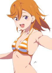  bikini breasts collarbone commentary female highres looking_at_viewer love_live! love_live!_superstar!! medium_hair nagi_mkrnpn navel open_mouth orange_bikini orange_hair purple_eyes shibuya_kanon signature simple_background small_breasts smile solo stomach striped_bikini striped_clothes swimsuit upper_body white_background 