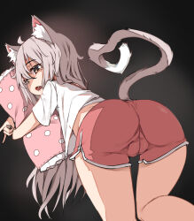  ahoge animal_ear_fluff animal_ears ass brown_eyes cat_ears cat_girl cat_tail female from_behind grey_hair hugging_object kneeling kneepits komi_(trickcal) leaning_forward long_hair looking_back oerba_yun_fang open_mouth pillow pillow_hug pink_shorts shirt short_shorts short_sleeves shorts solo tail thigh_gap thighs trickcal white_shirt yume_no_hana_(sbac0019) 