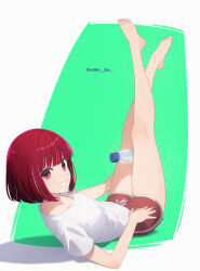  absurdres arima_kana barefoot bottle breasts edgar_syu female green_background highres leg_hold legs_up looking_at_viewer medium_hair oshi_no_ko red_eyes red_hair shirt short_shorts shorts small_breasts solo teeth two-tone_background white_background white_shirt 