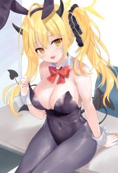  :d aged_up ahoge alternate_breast_size alternate_costume animal_ears bare_shoulders bat_wings black_leotard black_pantyhose black_ribbon blonde_hair blue_archive blush bow bowtie breasts cleavage commentary covered_navel curvy demon_girl demon_horns demon_tail detached_collar fake_animal_ears feet_out_of_frame female hair_between_eyes hair_ribbon halo hand_up highleg highleg_leotard highres horns huge_ahoge ibuki_(blue_archive) indoors large_breasts leotard leotard_pull long_hair looking_at_viewer low_wings nironiro_(qlcfud) oerba_yun_fang open_mouth pantyhose pointy_ears pulling_own_clothes red_bow red_bowtie ribbon seductive_smile sitting sitting_on_table skin_fang smile solo strapless strapless_leotard tail thighs tsurime twintails white_wrist_cuffs wings wrist_cuffs yellow_eyes yellow_halo 