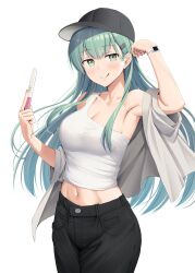  alternate_costume baseball_cap black_hat black_pants breasts collarbone female flexing green_eyes green_hair hat highres ichikawa_feesu kantai_collection long_hair medium_breasts navel pants pregnancy_test shirt simple_background single-shoulder_shirt solo suzuya_(kancolle) tongue tongue_out watch white_background wristwatch 