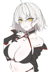  ahoge bare_shoulders bikini black_bikini black_choker black_gloves black_jacket blush breasts choker cleavage closed_mouth collarbone commentary_request cowboy_shot earrings fate_(series) female gloves hair_between_eyes hand_on_own_chest highres jacket jeanne_d&#039;arc_alter_(fate) jeanne_d&#039;arc_alter_(swimsuit_berserker)_(fate) jewelry large_breasts looking_at_viewer navel o-ring o-ring_bikini o-ring_top off_shoulder open_clothes ri_o_ne_su short_hair simple_background solo stomach stud_earrings swimsuit upper_body white_background white_hair yellow_eyes 