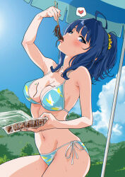  ahoge arched_back arm_up bikini blue_bikini blue_eyes blue_hair blue_sky blush breasts chopsticks cleavage cloud cloudy_sky day eating female food food_on_body food_on_breasts hashiguchi_takashi highres holding holding_chopsticks holding_food looking_at_viewer make_heroine_ga_oo_sugiru! medium_breasts medium_hair mountain navel noodles open_mouth outdoors ponytail sexually_suggestive side-tie_bikini_bottom sky solo sweat swimsuit tongue tongue_out yakisoba yanami_anna 