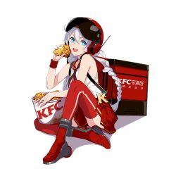  :d ahoge bare_shoulders blue_eyes boots braid chicken_(food) female food helmet holding holding_food honkai_(series) honkai_impact_3rd kfc kiana_kaslana long_hair looking_at_viewer motorcycle_helmet official_art open_mouth pleated_skirt red_footwear red_serafuku red_skirt school_uniform serafuku shadow shirt skirt sleeveless sleeveless_shirt smile solo thigh_boots transparent_background twin_braids white_hair white_shirt 