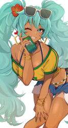  absurdres aqua_hair bead_choker bracelet brazilian_flag brazilian_flag_print brazilian_miku breasts can cleavage dark-skinned_female dark_skin earrings exposed_pocket eyewear_on_head female flower gold_earrings hair_flower hair_ornament hatsune_miku highres holding holding_can jewelry long_hair multiple_bracelets navel one_eye_closed pukonuu rectangular_earrings shirt shorts shorts_tan simple_background smile solo tan tanline_peek tanlines twintails vocaloid white-framed_eyewear white_background 