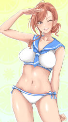  absurdres arisugawa_natsuha arm_up armpit_crease ass_visible_through_thighs bikini blue_sailor_collar breasts brown_eyes collarbone cowboy_shot female hair_bun highres idolmaster idolmaster_shiny_colors impossible_clothes medium_breasts miso_melon navel one_eye_closed open_mouth orange_hair sailor_bikini sailor_collar sailor_swimsuit_(idolmaster) single_hair_bun solo stomach sweat swept_bangs swimsuit teeth upper_teeth_only white_bikini 