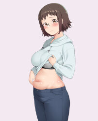  belly_grab blush bra breasts brown_eyes brown_hair clothes_lift commentary_request female flab glasses grey_bra honda_naoki hood hood_down hoodie lifting_own_clothes looking_at_viewer medium_breasts navel pants plump red_cat_ramen shirt_lift short_hair solo standing underwear white_hoodie yashiro_tamako 