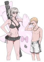  1boy bikini bikini_skirt black_bikini black_skirt blonde_hair bow braid breasts clenched_hand collarbone cropped_legs danganronpa_(series) danganronpa_2:_goodbye_despair female guttari5 hair_ribbon hand_in_pocket hand_up inflatable_shark inflatable_toy jewelry kuzuryu_fuyuhiko large_breasts male_swimwear navel necklace pekoyama_peko pink_bow pleated_skirt ribbon short_hair skirt smile swimsuit twin_braids twintails white_ribbon 