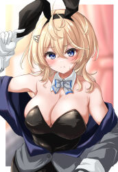  animal_ears bare_shoulders black_leotard blonde_hair blue_bow blue_bowtie blue_eyes blush border bow bowtie breasts cleavage denim denim_skirt detached_collar embarrassed fake_animal_ears female gloves gradient_background hair_between_eyes hair_ornament hairclip highres kantai_collection kasashi_(kasasi008) large_breasts leotard leotard_under_clothes long_hair looking_at_viewer medium_hair open_clothes pink_background playboy_bunny rabbit_ears rabbit_tail skirt solo strapless strapless_leotard tail tuscaloosa_(kancolle) white_border white_gloves wrist_cuffs 