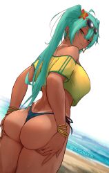  absurdres ahoge aqua_eyes aqua_hair ass ass_lift bare_shoulders beach bikini bikini_bottom_only black_bikini_bottom bracelet brazilian_miku breasts closed_mouth crop_top dark-skinned_female dark_skin dutch_angle earrings english_commentary eyewear_on_head female flower from_behind gold_earrings grabbing_own_ass green_nails hair_flower hair_ornament hatsune_miku highres hoop_earrings jewelry large_breasts long_hair looking_at_viewer looking_back multiple_bracelets nail_polish no_bra ocean off-shoulder_shirt off_shoulder outdoors rectangular_earrings sand shirt side-tie_bikini_bottom smile solo sora_raion sunglasses swimsuit tan tanlines thick_thighs thighs twintails twitter_username vocaloid water yellow-framed_eyewear yellow_nails yellow_shirt 