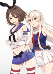  2girls black_gloves black_hairband black_neckerchief black_panties blonde_hair blue_hair blue_sailor_collar blue_shirt blue_skirt brown_hair commission cosplay costume_switch crop_top crossed_arms elbow_gloves gloves grey_eyes hairband highleg highleg_panties kantai_collection long_hair maya_(kancolle) maya_(kancolle)_(cosplay) microskirt miniskirt mitsuyo_(mituyo324) multiple_girls neckerchief panties pleated_skirt red_neckerchief sailor_collar shimakaze_(kancolle) shimakaze_(kancolle)_(cosplay) shirt short_hair skirt sleeveless sleeveless_shirt striped_clothes striped_thighhighs thighhighs underwear undone_neckerchief white_gloves white_sailor_collar white_skirt 