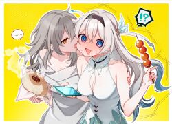  !? ... 2girls ? baozi bare_shoulders biting black_hairband blue_eyes blush breasts cheek_biting cleavage cleavage_cutout clothing_cutout collarbone commentary_request firefly_(honkai:_star_rail) food grey_hair hairband hand_on_another&#039;s_shoulder head_steam highres holding holding_food holding_phone honkai:_star_rail honkai_(series) long_hair multiple_girls nervous_sweating off-shoulder_shirt off_shoulder open_mouth phone pink_eyes purple_eyes shirt simple_background sleeveless sleeveless_shirt spoken_ellipsis spoken_interrobang stelle_(honkai:_star_rail) sweat trailblazer_(honkai:_star_rail) two-tone_dress upper_body white_shirt yellow_background yellow_eyes yodare_(3yami8) yuri 