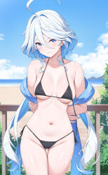  absurdres alternate_breast_size alternate_costume arms_behind_back bikini black_bikini blue_eyes blue_hair blue_nails blue_shawl blue_sky blush breasts closed_mouth cloud cloudy_sky collarbone commentary_request day female fingernails furina_(genshin_impact) genshin_impact hair_between_eyes hair_intakes highres long_hair looking_at_viewer medium_breasts nail_polish navel outdoors paid_reward_available patreon_username rosumerii shawl side-tie_bikini_bottom sky solo stomach swimsuit thighs untied_bikini_top wavy_hair 